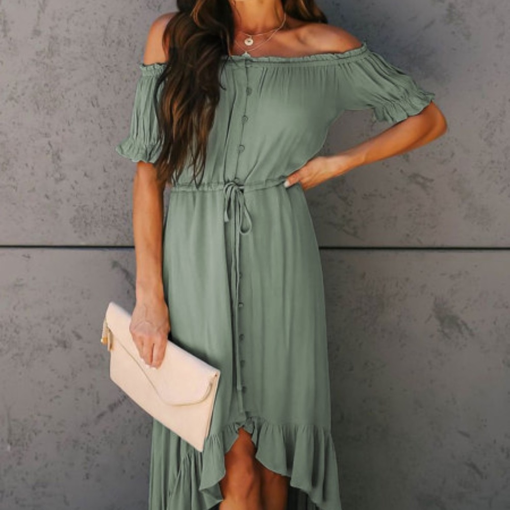 Sage Glaze High Low Off The Shoulder Maxi Dress